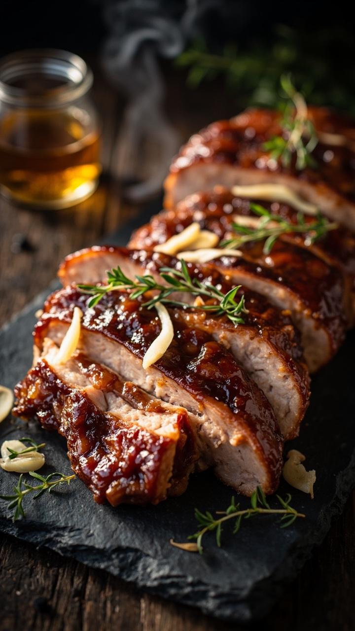 Sliced pork with a deep amber glaze on a slate serving board garnished with thinly sliced garlic fresh thyme sprigs and a small jar of maple syrup