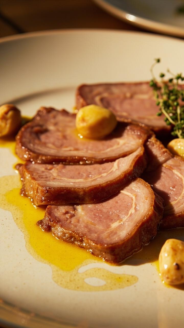 Sliced pork with a glossy butter sheen on a light ceramic plate dotted with melted butter pools fresh thyme sprigs and a few roasted garlic cloves on the side