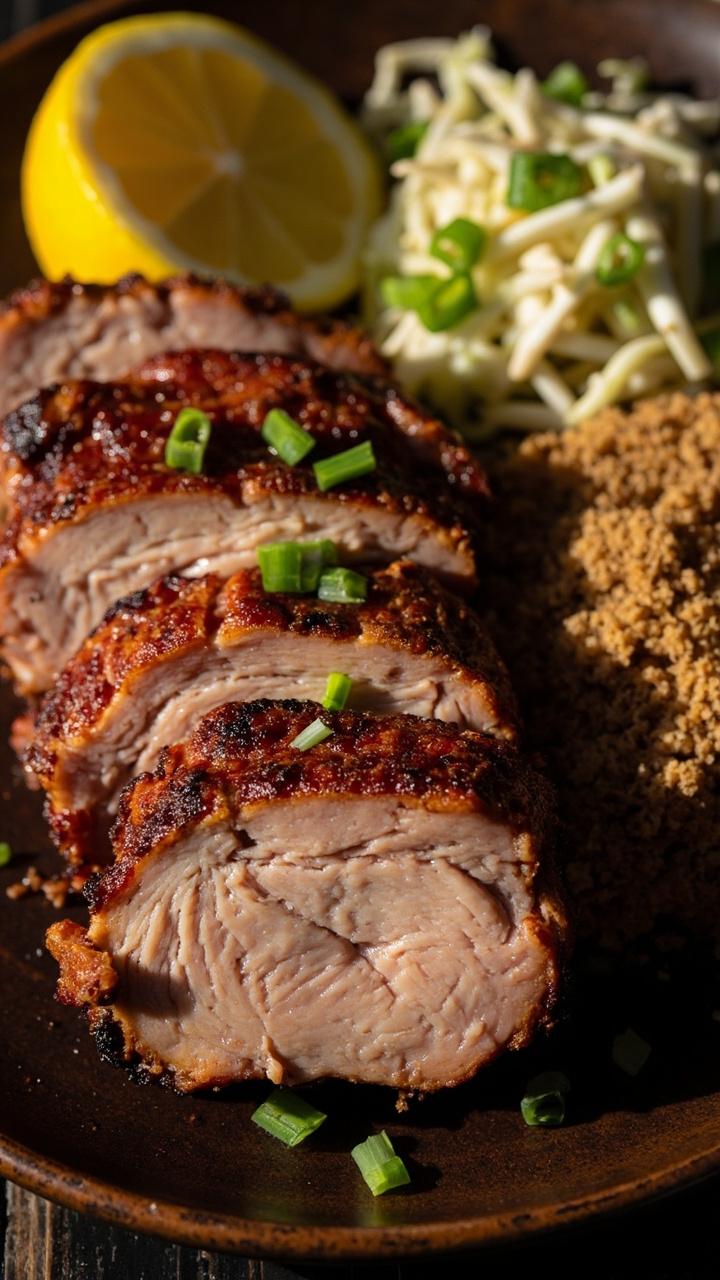 Sliced pork with a deep reddish spice crust on a rustic plate with a wedge of lemon a small pile of coleslaw and a sprinkle of chopped green onions