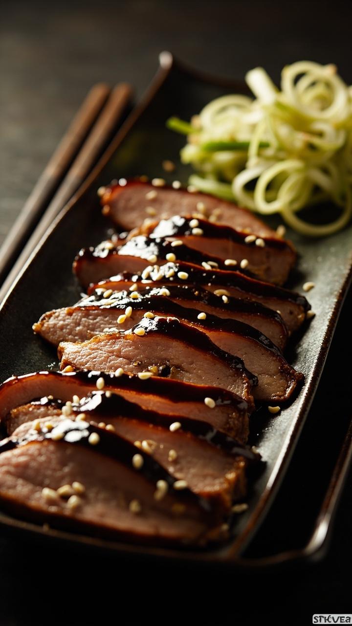 Sliced pork glazed with a dark shiny soy ginger sauce on a long rectangular plate with sesame seeds a small pile of pickled cucumber ribbons and chopsticks resting nearby