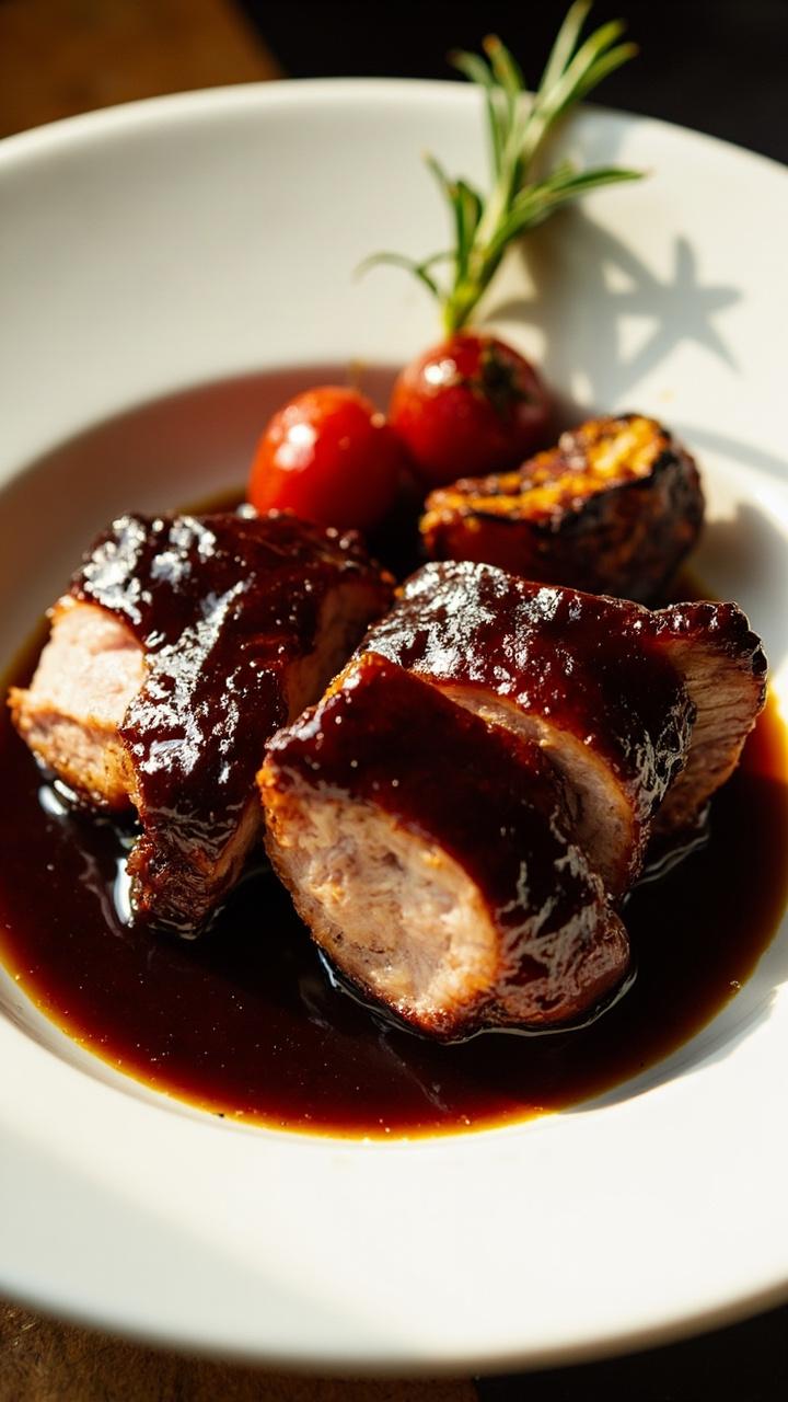 Sliced pork with a glossy dark balsamic glaze on a white round plate garnished with a rosemary sprig and a few roasted cherry tomatoes
