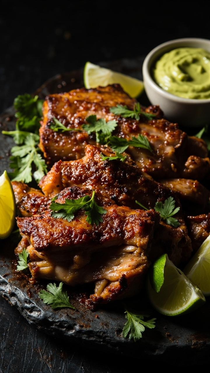 Sliced pork with a reddish chipotle rub on a dark stone plate garnished with lime wedges cilantro leaves and a small bowl of avocado crema