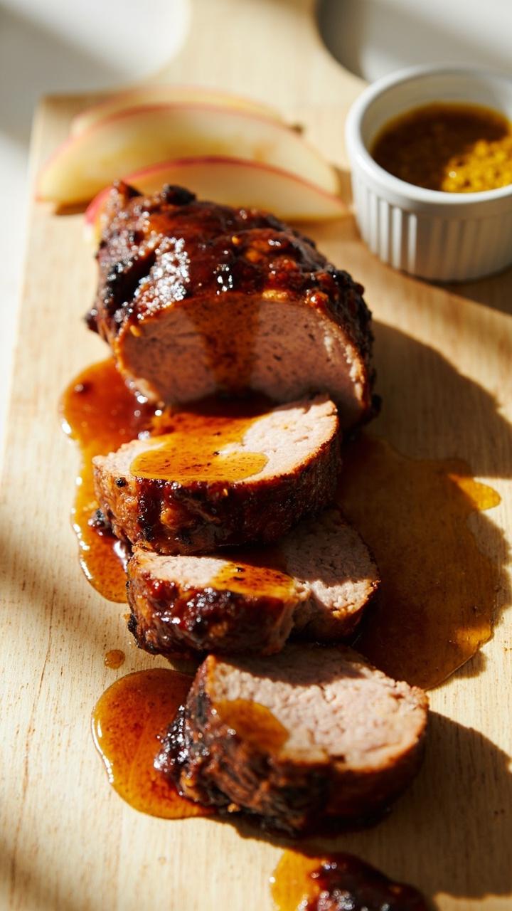 Slices of pork glazed with glossy amber apple cider reduction arranged on a pale wooden board with thin apple slices and a small ramekin of mustard glaze
