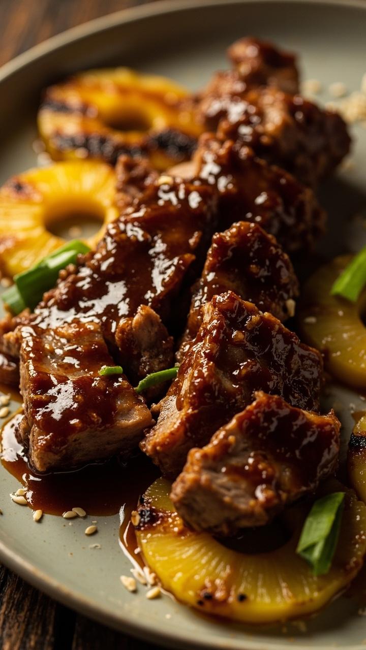 Sliced pork glazed dark sticky hoisin with small charred pineapple rings on the plate garnished with sliced green onions and sesame seeds