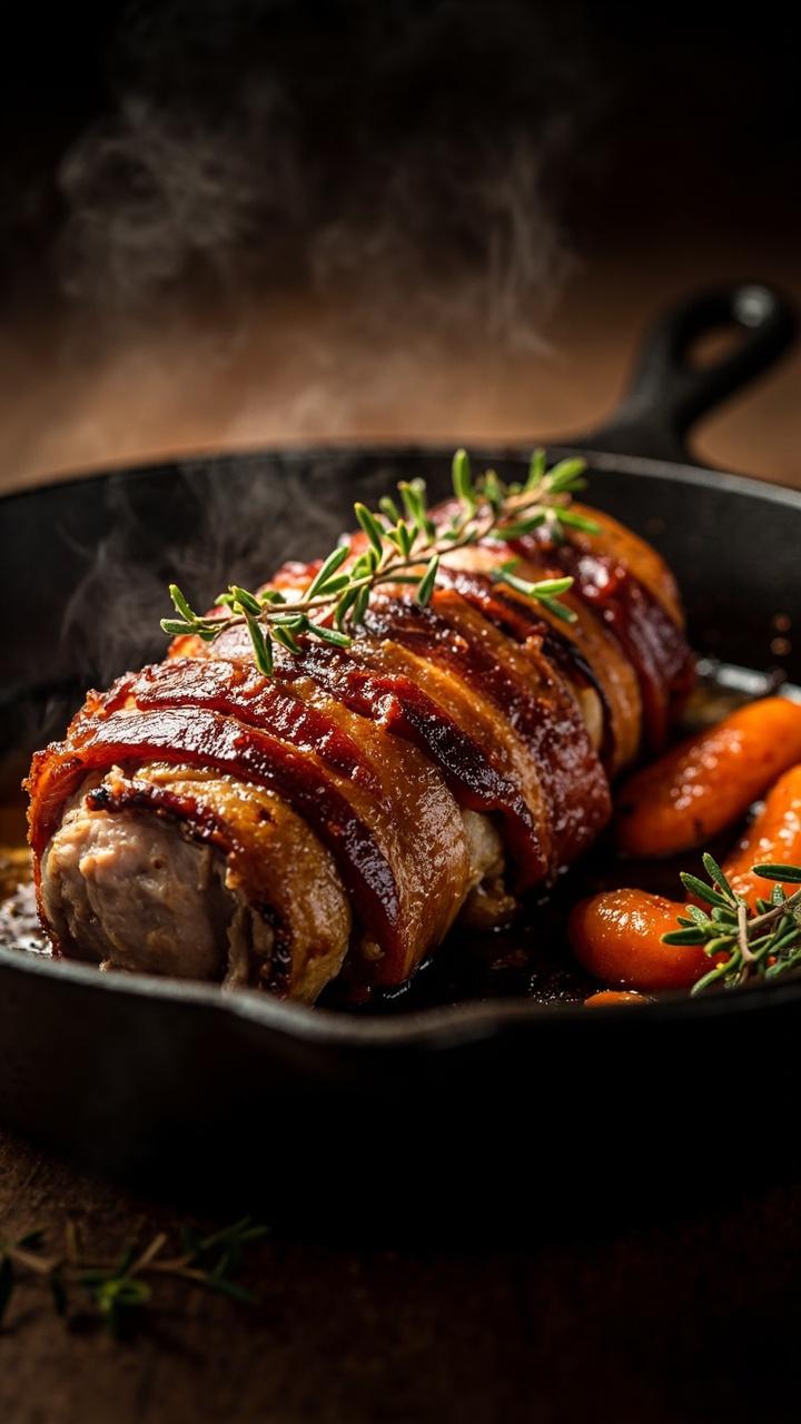 Bacon wrapped pork tenderloin with crispy browned bacon slices on top on a cast iron skillet with a few sprigs of thyme and a small pile of roasted carrots