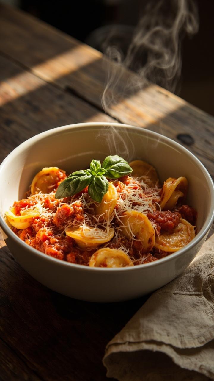 Deep white bowl filled with plump cheese tortellini in glossy red marinara sauce topped with shredded Parmesan and a sprig of basil on a wooden table with a folded napkin