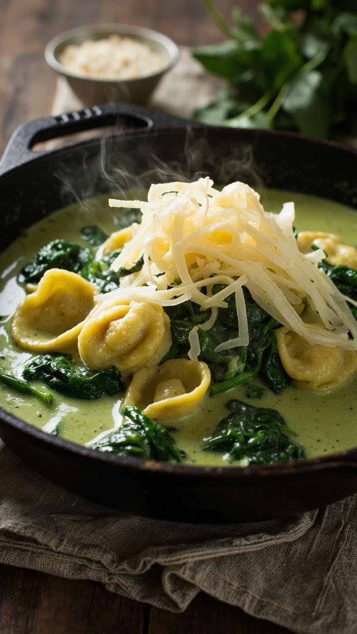 Shallow cast iron skillet with tortellini nestled in a pale green creamy spinach sauce dotted with wilted whole spinach leaves and a sprinkle of shaved Parmesan on top set on a linen napkin