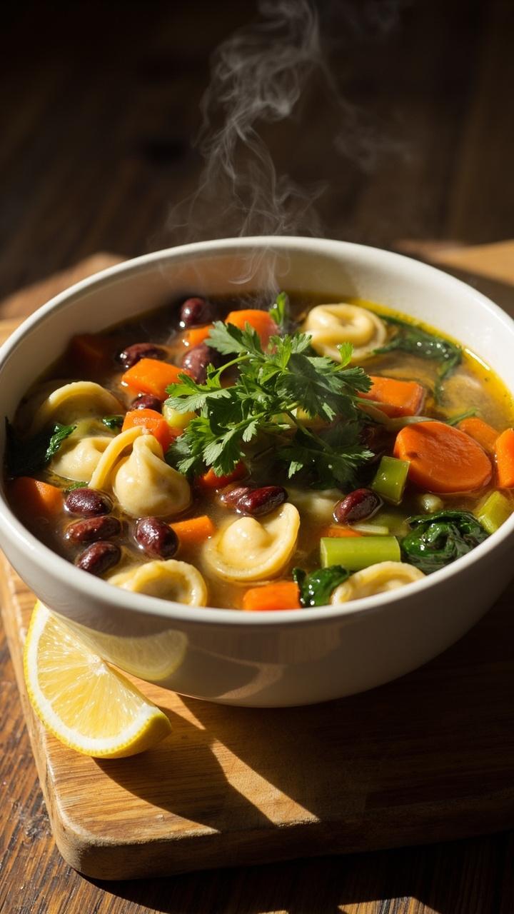 White soup bowl with a golden broth filled with tortellini, diced carrots, celery, spinach, and kidney beans garnished with parsley and a lemon wedge on the side placed on a wooden board