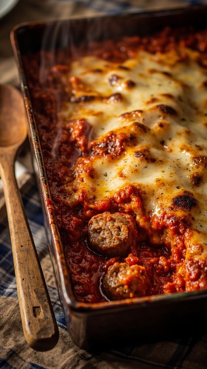 Rectangular baking dish filled with bubbling red sauce, visible sausage chunks and melted golden mozzarella with a wooden spoon resting beside it on a checked cloth