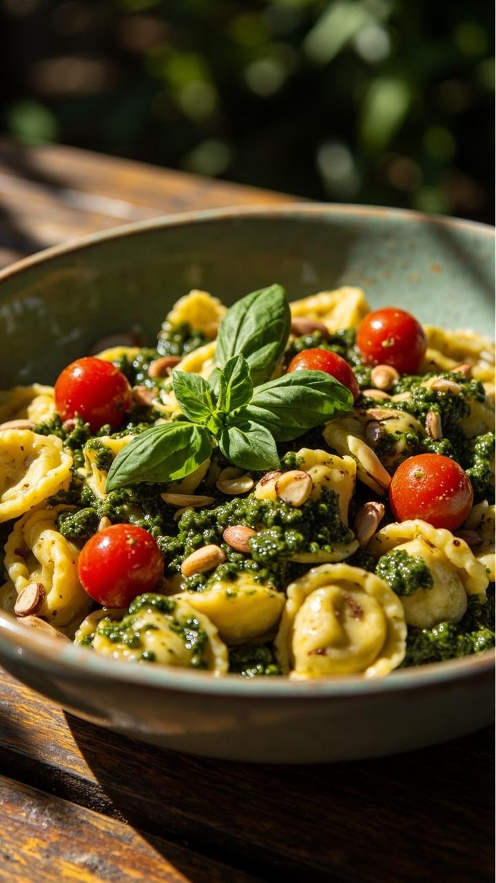 Large shallow bowl with golden tortellini tossed in green pesto, halved cherry tomatoes and toasted pine nuts topped with basil leaves set on a sunlit patio table