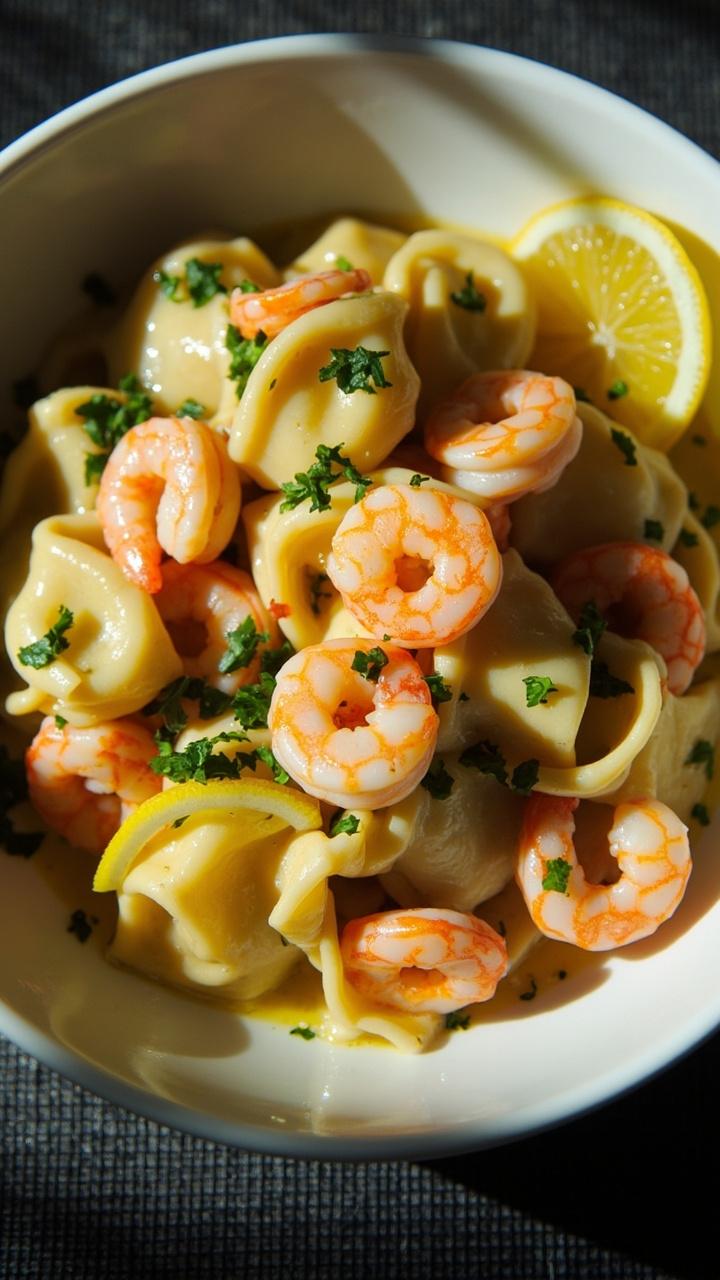White shallow bowl with tortellini and pink shrimp in a light lemon butter sauce garnished with chopped parsley and lemon slices on a dark placemat