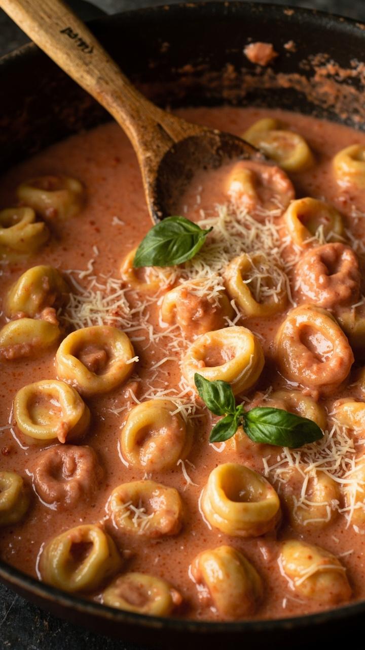 Deep skillet with tortellini in a velvety pink tomato cream sauce topped with grated Parmesan and a basil leaf on the rim of the pan with a wooden spoon