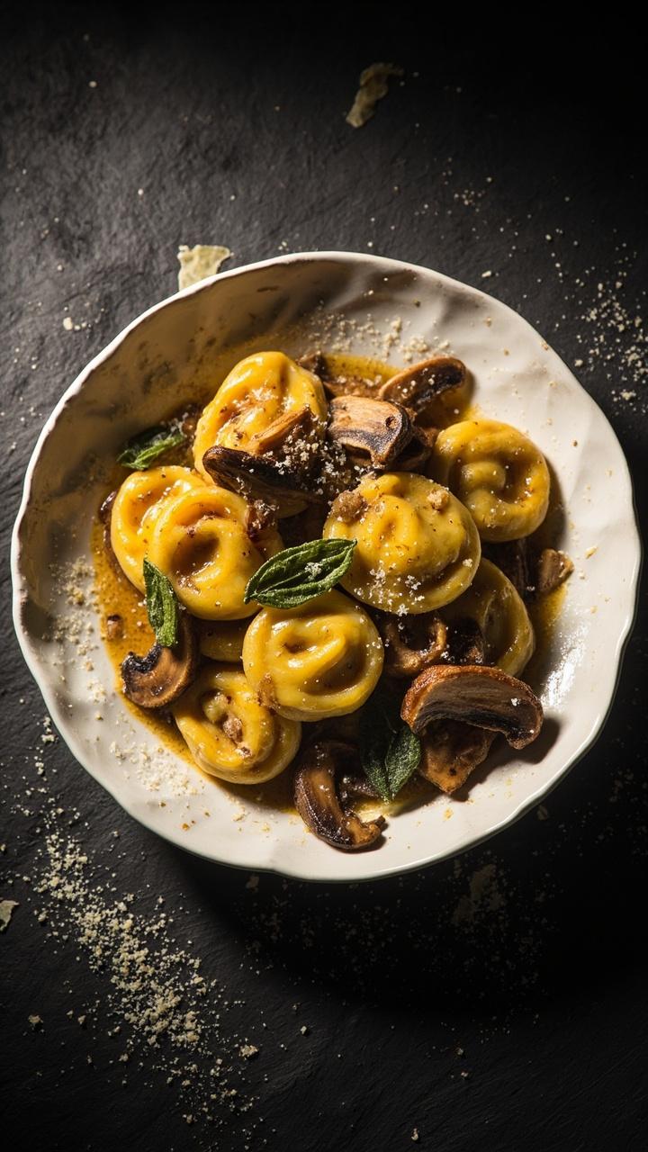 Shallow white plate with golden brown butter-coated tortellini and sliced sautéed mushrooms dotted with crispy sage leaves and grated Parmesan on a dark slate surface