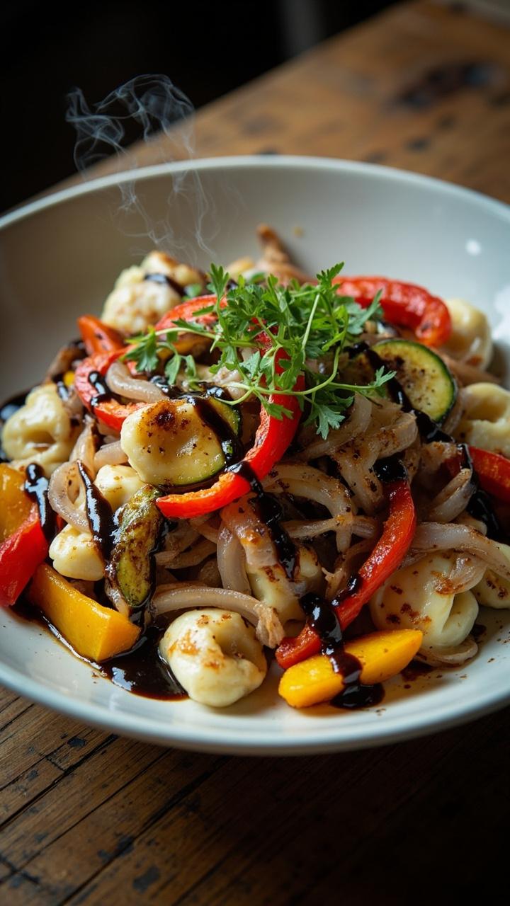 Large white serving bowl with tortellini tossed with roasted bell peppers, zucchini, and red onion drizzled with a dark balsamic glaze and sprinkled with chopped parsley on a wooden table