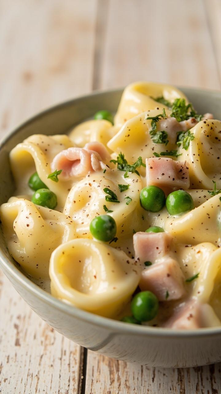 Round shallow bowl of glossy white Alfredo sauce-coated tortellini with bright green peas and small pink ham cubes sprinkled with black pepper and parsley on a light wooden table