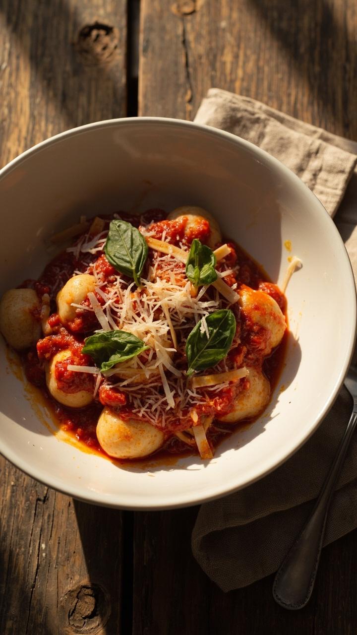 A shallow white bowl of gnocchi tossed in glossy red tomato sauce topped with torn fresh basil leaves and a dusting of grated Parmesan. A drizzle of olive oil catches the light. Rustic wooden table and a folded linen napkin beside the bowl.