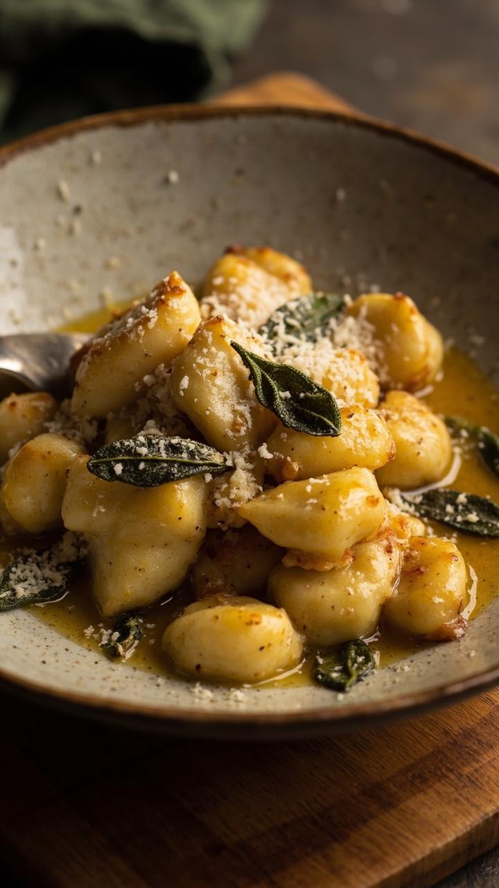 A shallow ceramic bowl with golden gnocchi coated in glossy brown butter, scattered browned sage leaves, a few whole sage leaves on the side, and a light sprinkle of grated Parmesan. Warm wood board underneath and a small fork resting on the rim.