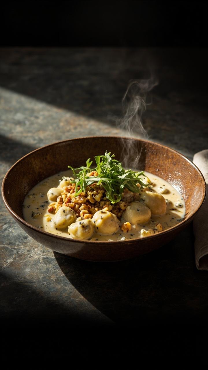 A deep bowl of gnocchi in a pale creamy blue cheese sauce with visible small blue cheese crumbles, a scattering of chopped toasted walnuts, and a few arugula leaves on top for color. Dark stone counter and a folded napkin nearby.