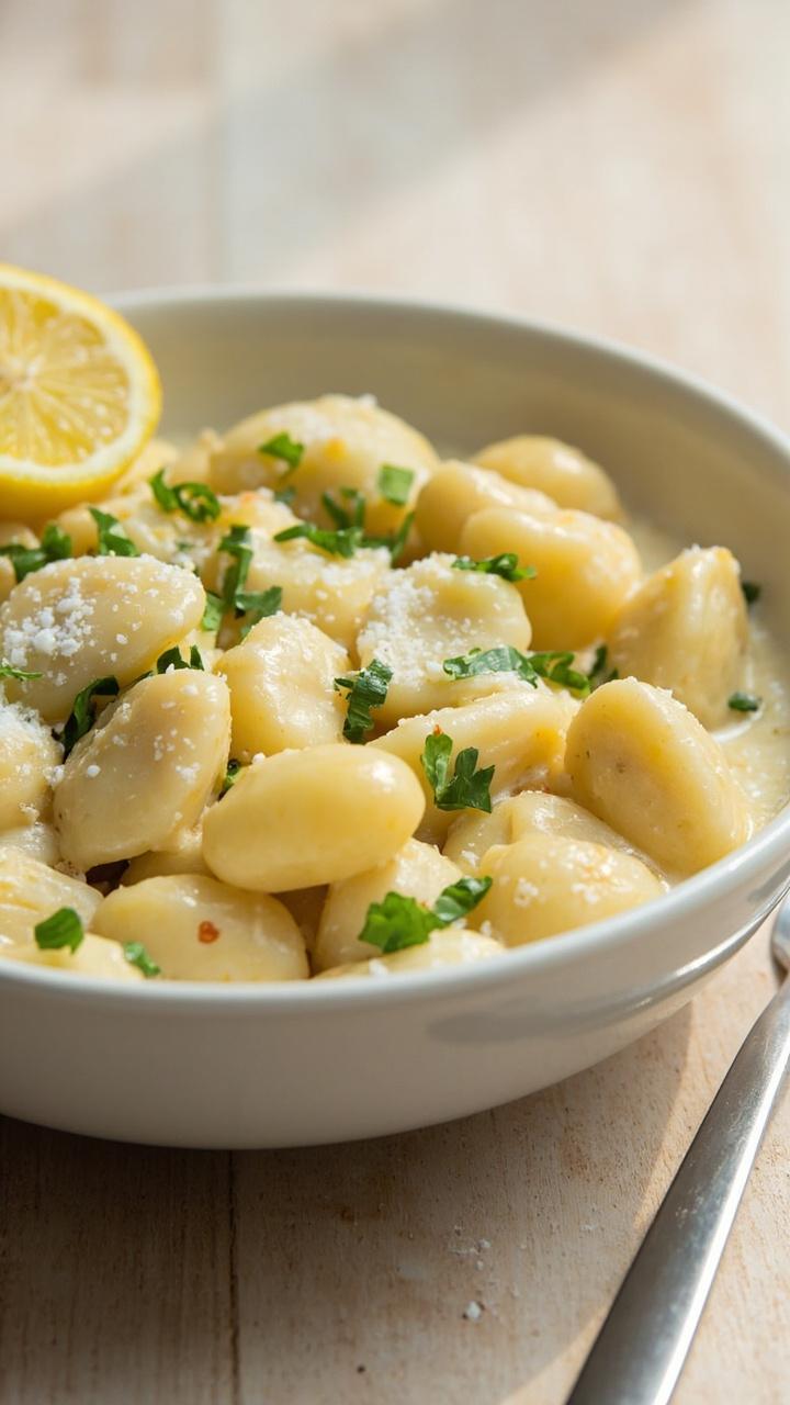 A white shallow bowl of gnocchi in pale creamy garlic sauce topped with finely grated Parmesan, a scattering of chopped parsley, and a lemon wedge on the side. Light wood table and a stainless steel fork beside the bowl.