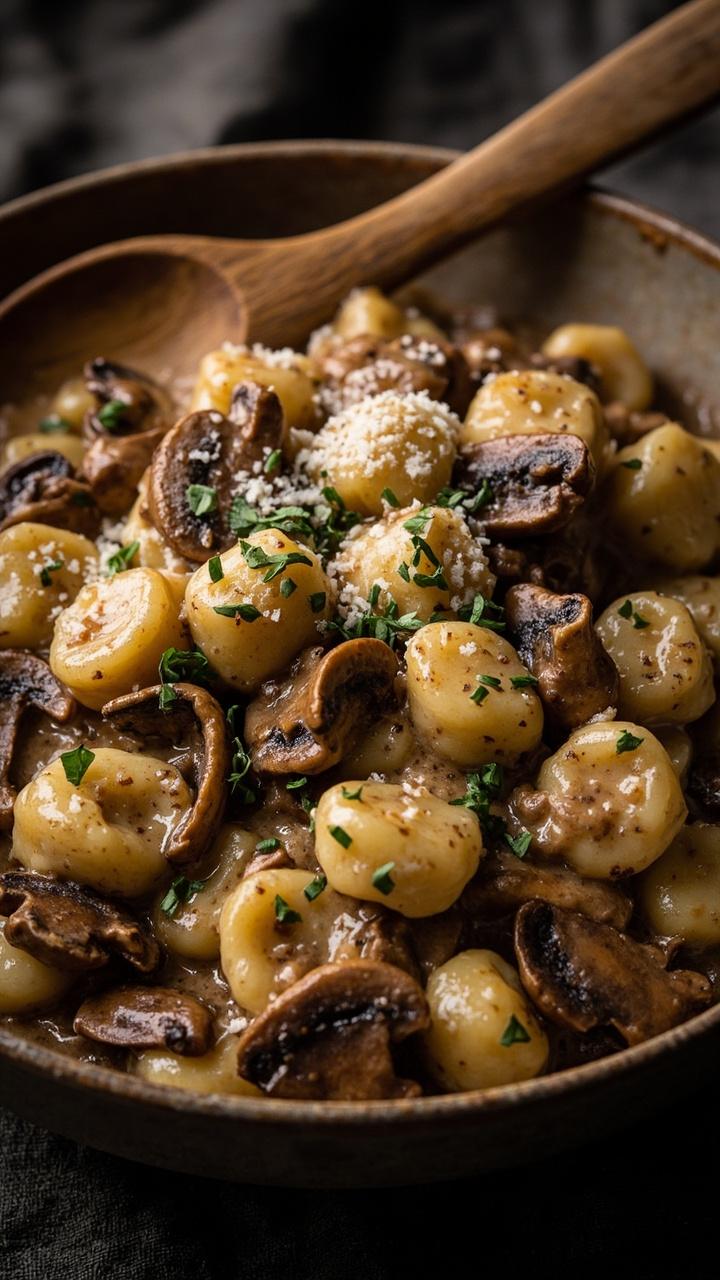 A wide shallow bowl with gnocchi in a glossy brown mushroom cream sauce, visible sliced sautéed cremini mushrooms, a sprinkle of chopped thyme leaves, and a dusting of grated Parmesan. Dark linen and a wooden spoon at the edge.