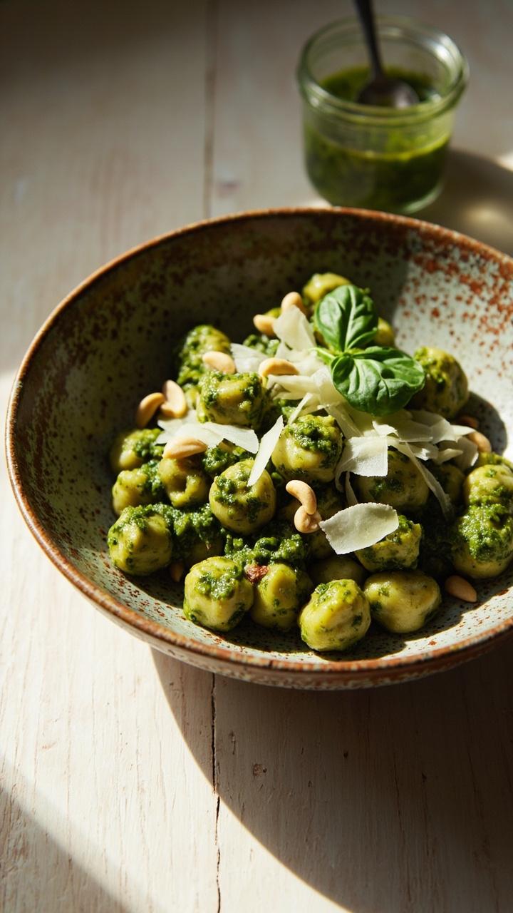 A rustic bowl of gnocchi tossed with bright green pesto, scattered pine nuts, a few whole basil leaves for garnish, and shaved Parmesan on top. Light wood table and a small jar of extra pesto beside the bowl.