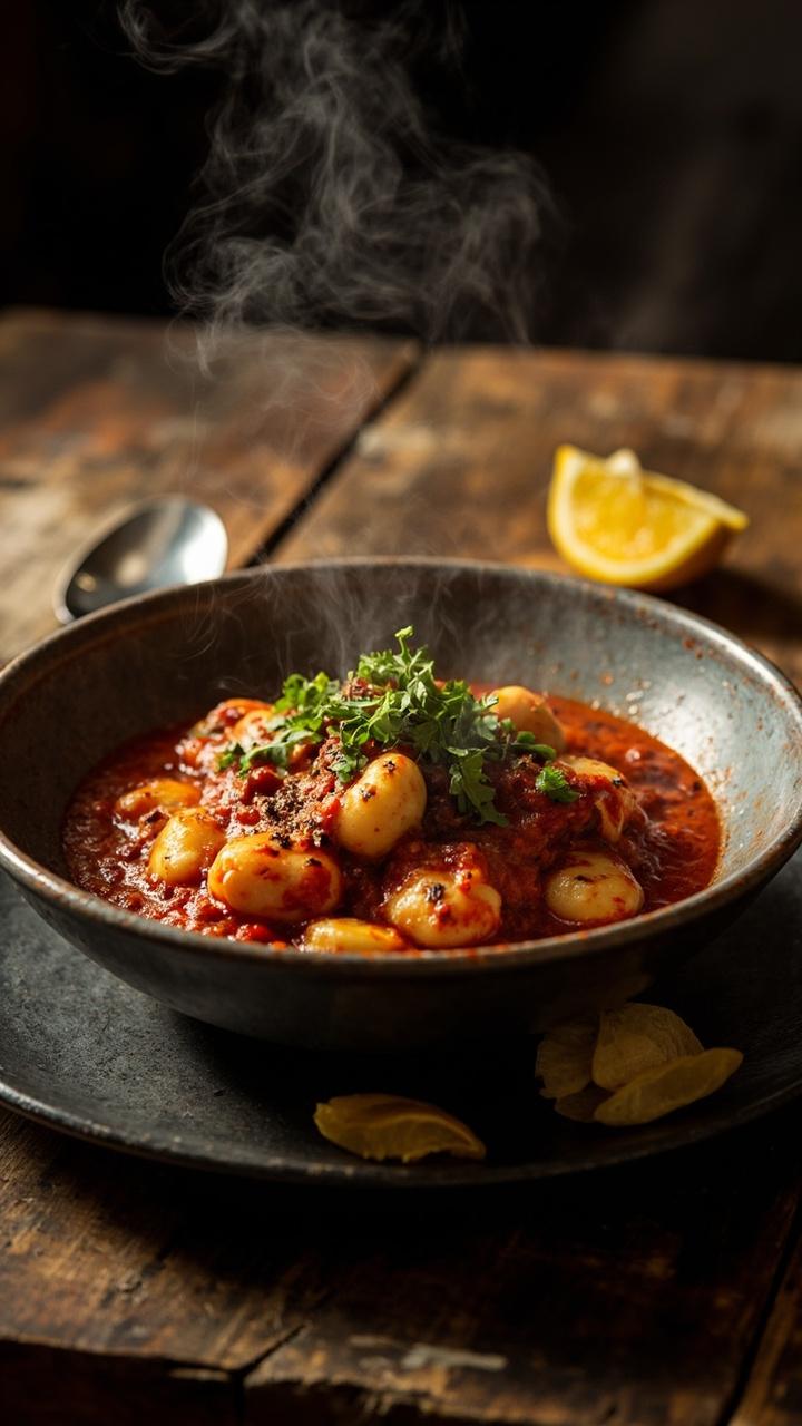 A shallow bowl of gnocchi in vibrant red arrabbiata sauce with visible crushed red pepper flakes, chopped parsley sprinkled on top, and a wedge of lemon on the side. Dark ceramic plate on a wooden table and a spoon beside it.
