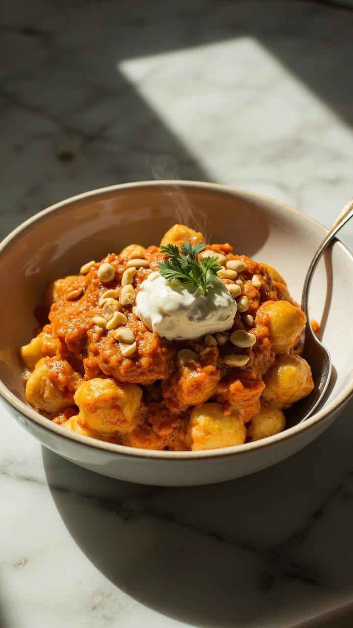 A bowl of gnocchi coated in orange creamy roasted red pepper sauce, a dollop of ricotta on top, a few toasted pine nuts scattered, and a sprig of parsley. Light marble counter and a small spoon for the ricotta.