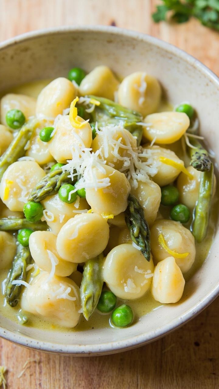 A shallow bowl of gnocchi tossed with bright green peas and asparagus tips in a pale glossy lemon garlic butter sauce, topped with grated Parmesan and lemon zest. Light wood table and a sprig of parsley.