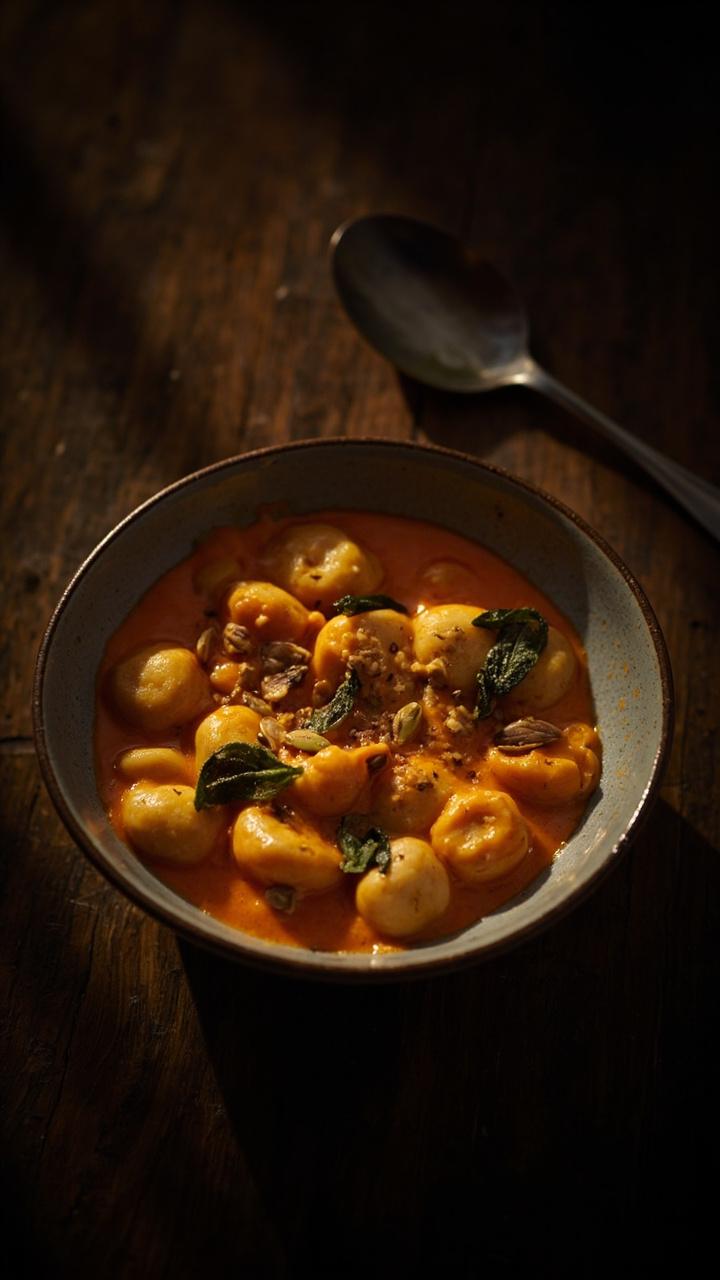 A shallow bowl of gnocchi bathed in a smooth orange pumpkin cream sauce with crisp sage leaves on top and a light sprinkle of toasted pumpkin seeds. Dark wooden table and a small spoon for serving.