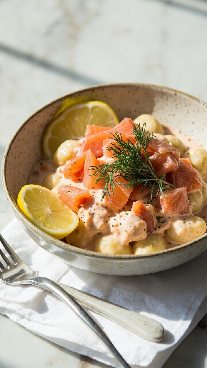 A shallow bowl of gnocchi in pale pink cream sauce with flaked smoked salmon on top and a sprinkling of chopped fresh dill, thin lemon slices at the side. Light marble surface and a small fork resting on a napkin.