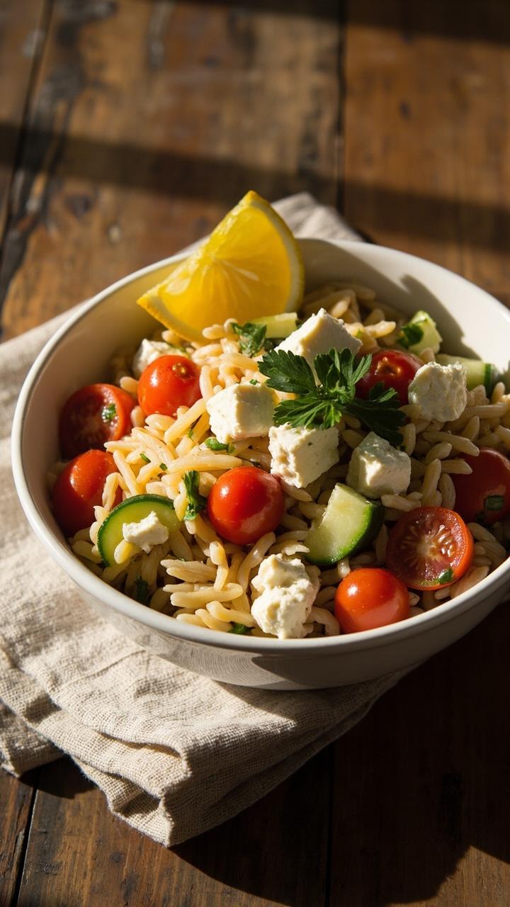 A shallow white bowl of golden orzo studded with halved cherry tomatoes bright green cucumber cubes crumbled white feta and chopped parsley, a lemon wedge on the rim, wooden table and a folded linen napkin