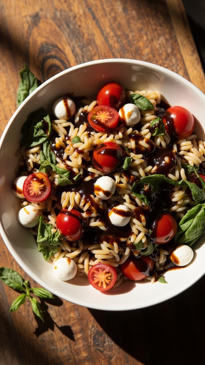 Round white bowl with glossy orzo mixed with halved cherry tomatoes small mozzarella balls fresh basil leaves drizzled with balsamic glaze, wooden board and a sprig of basil beside the bowl