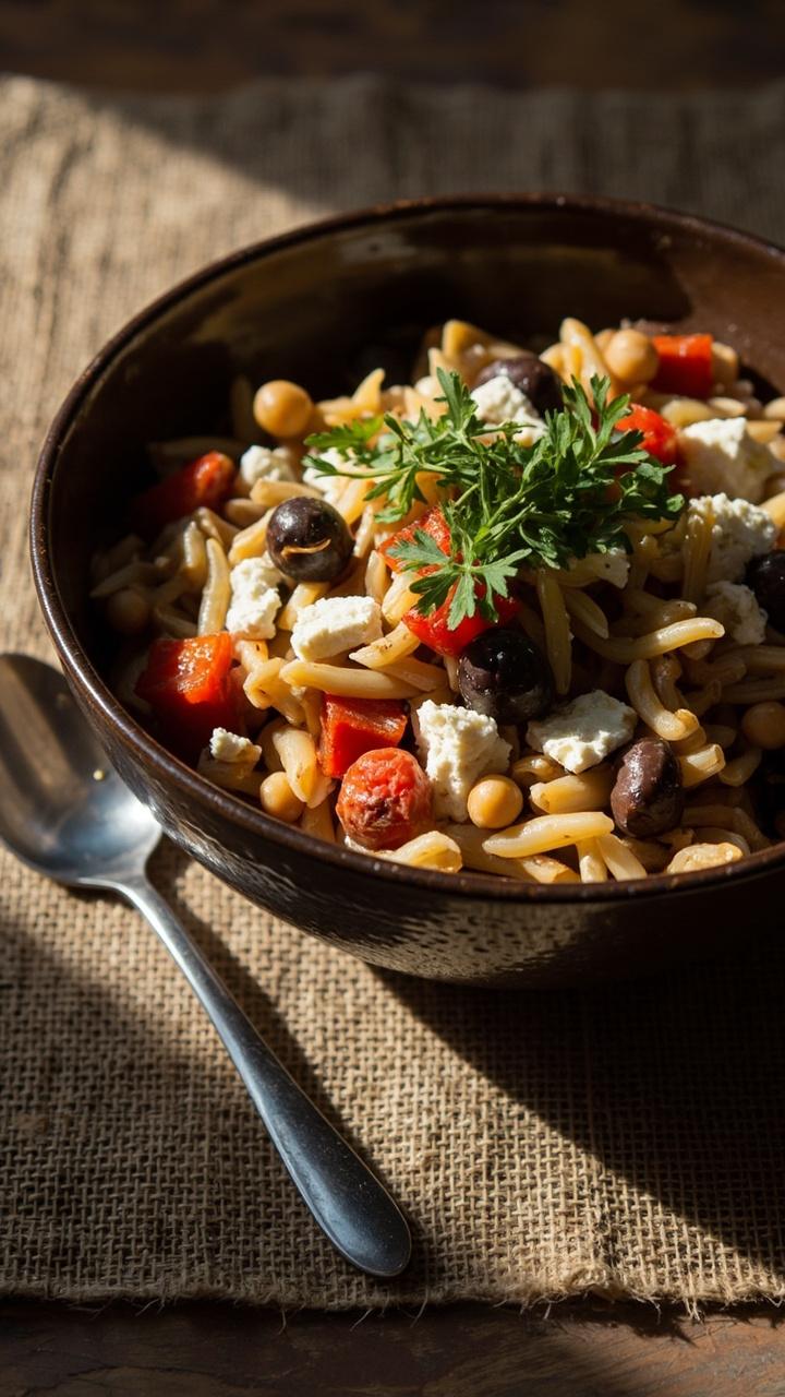 Deep ceramic bowl with orzo and golden chickpeas mixed with diced red bell pepper chopped kalamata olives crumbled feta and chopped parsley, linen placemat and a spoon resting at the side