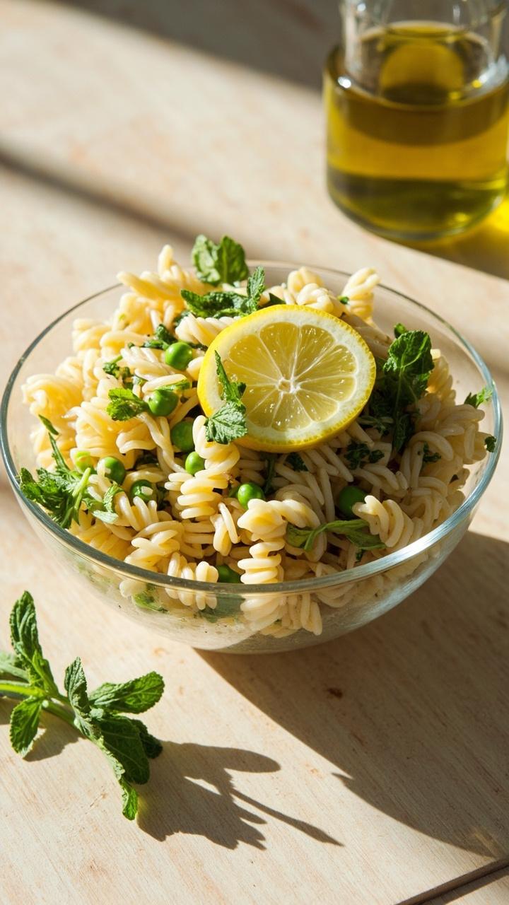 Shallow glass bowl of pale golden orzo flecked with bright green peas chopped mint and basil, thin lemon slices on top, light wood table and a small jar of olive oil nearby