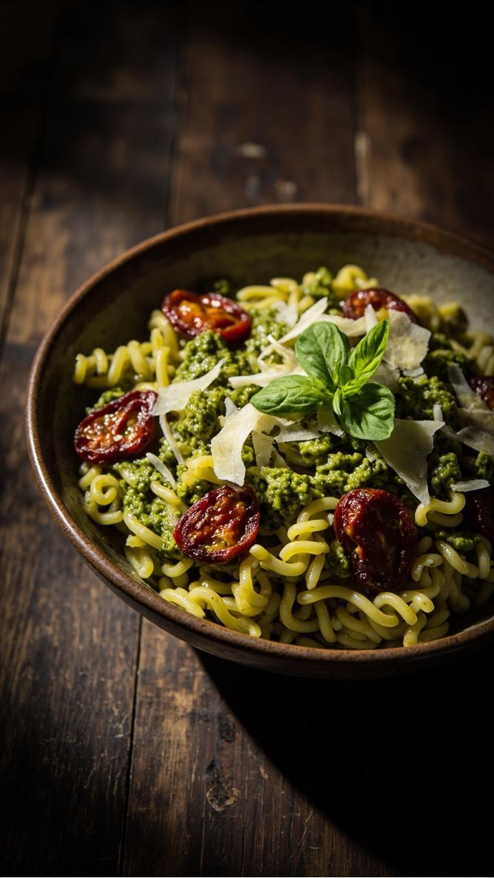 Wide shallow bowl of orzo coated in green pesto with thin slices of deep red sun dried tomatoes and shavings of Parmesan on top, wooden background and a small basil sprig garnish