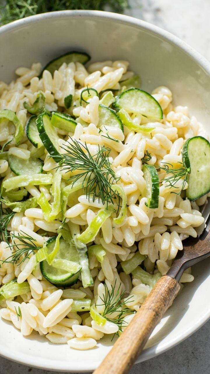 Wide white bowl of orzo mixed with thin cucumber ribbons chopped dill and a creamy pale yogurt dressing, sprinkled dill fronds on top and a wooden fork at the side