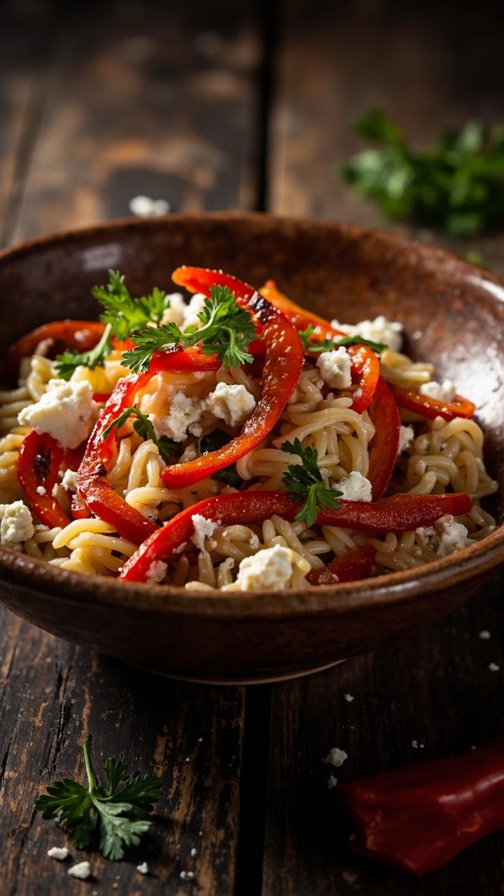 Rustic bowl with orzo tossed with strips of bright roasted red pepper crumbled white feta and chopped parsley, a few pepper strips fanned on top and a dark wood table