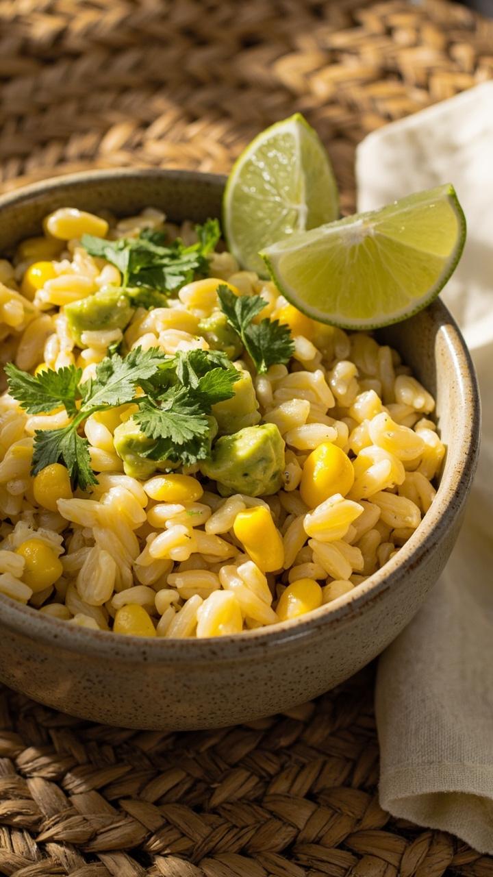 Shallow bowl of orzo mixed with bright yellow corn kernels chunks of ripe avocado and chopped cilantro with lime wedges on the side, woven placemat and a small linen napkin