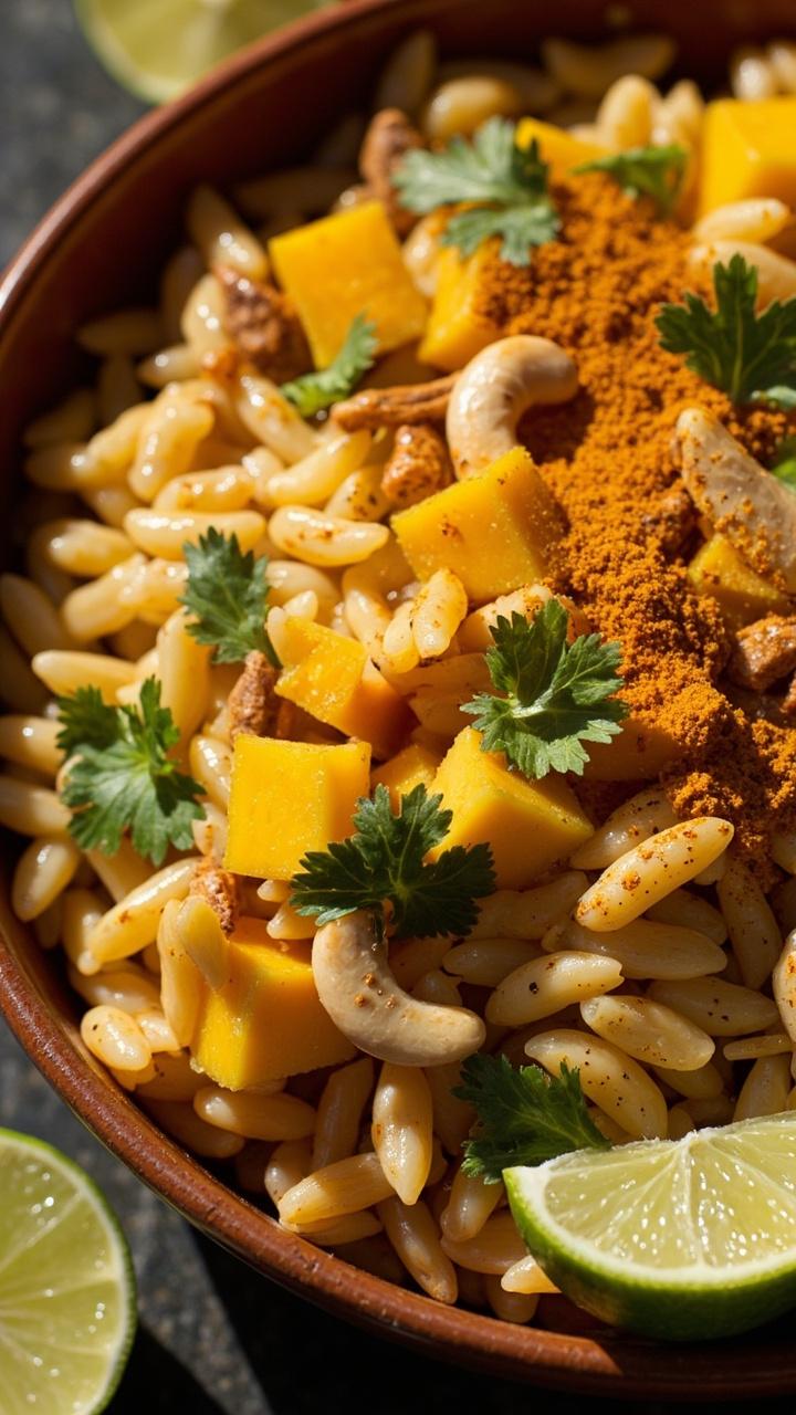 Bright bowl of orzo with diced golden mango toasted cashews and flecks of green cilantro, lime wedge at the rim and a light dusting of curry powder on top