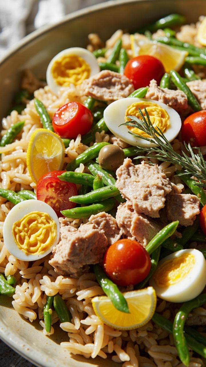 Large platter with orzo topped with flaked canned tuna green beans halved cherry tomatoes and quartered hard boiled eggs, lemon wedges and a few olive sprigs for garnish