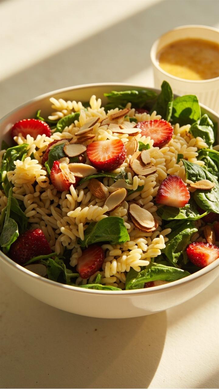 White bowl with orzo tossed with baby spinach sliced strawberries and slivered toasted almonds, a light vinaigrette sheen and a small cup of extra dressing at the side