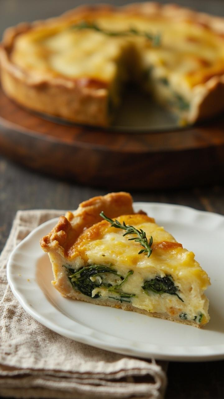 A golden quiche wedge on a white ceramic plate with visible green spinach ribbons and melted pale yellow cheese top a whole quiche on a wooden board in the background a small sprig of fresh thyme on the slice and a folded linen napkin at the side