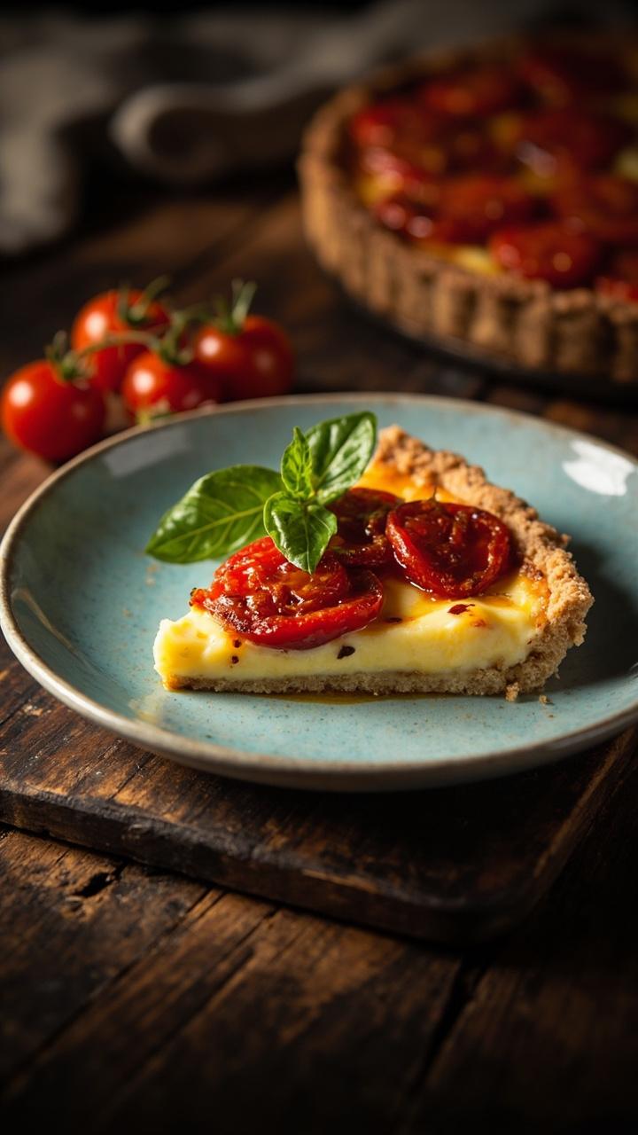 A slice on a pale blue plate showing roasted cherry tomatoes sunk into a glossy custard a few bright green basil leaves on top and a small cluster of whole roasted tomatoes next to the slice on a rustic wooden board
