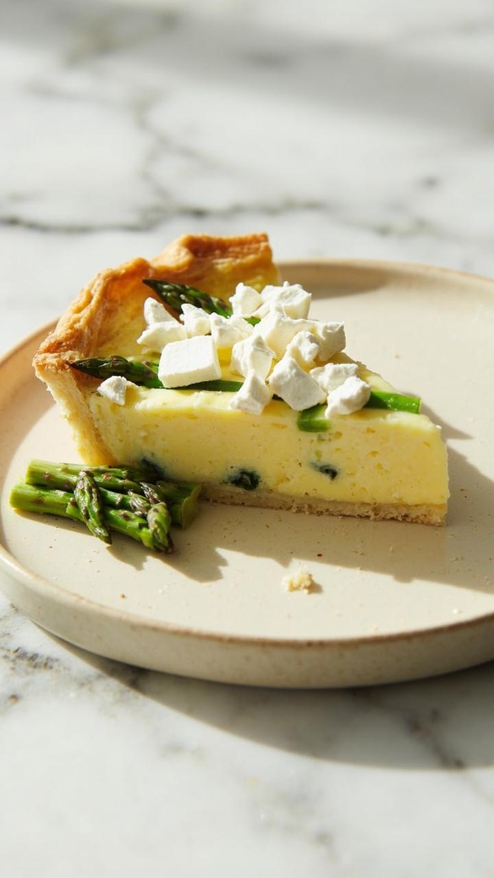 A wedge of quiche on a cream colored plate showing diagonal asparagus tips standing out against pale custard crumbles of white goat cheese on top a few short steamed asparagus spears beside the slice on a marble surface