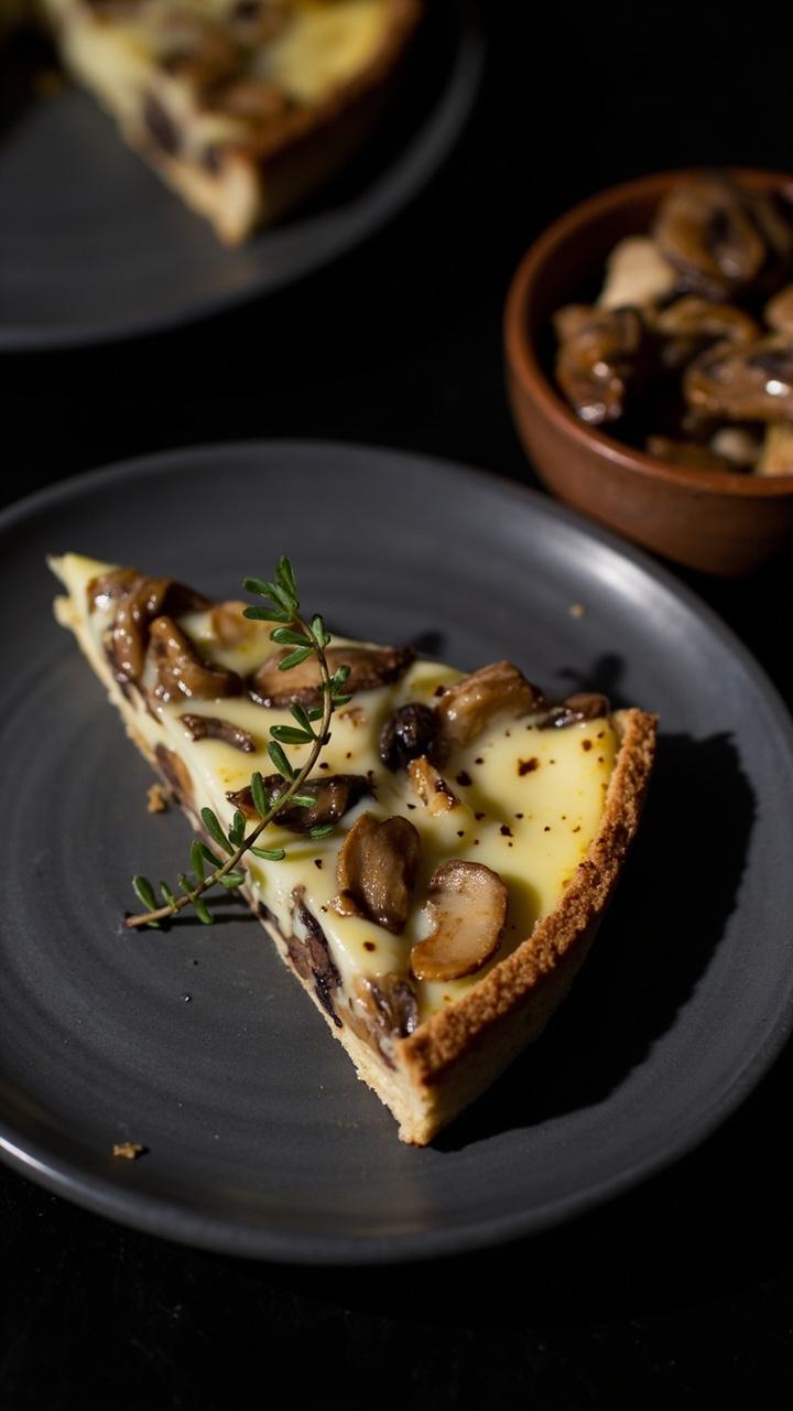A slice on a dark ceramic plate showing browned mushroom pieces and flecks of thyme in a creamy interior a small bowl of sautéed mixed mushrooms nearby and a sprig of fresh thyme resting on the slice