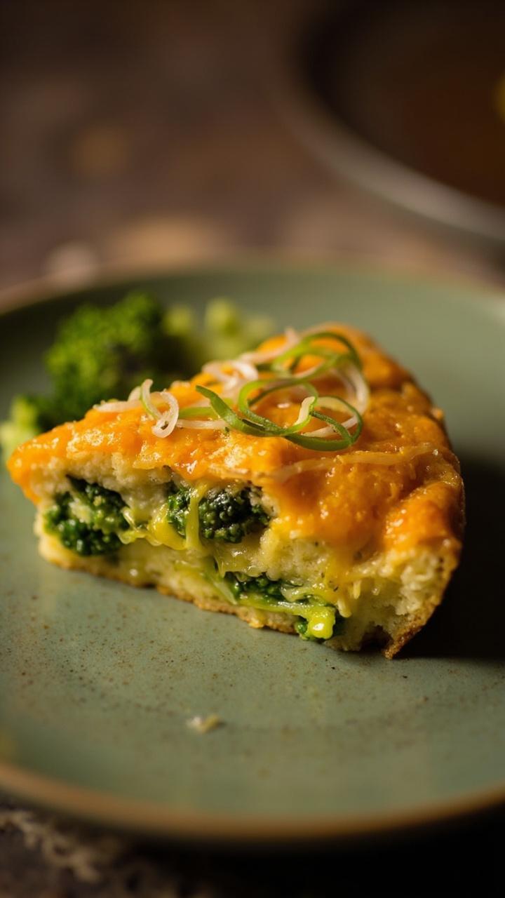 A wedge on a muted green plate with bright green broccoli florets visible in the slice melted orange cheddar top and thinly sliced scallions sprinkled over the top a small pile of raw broccoli florets sits next to the slice