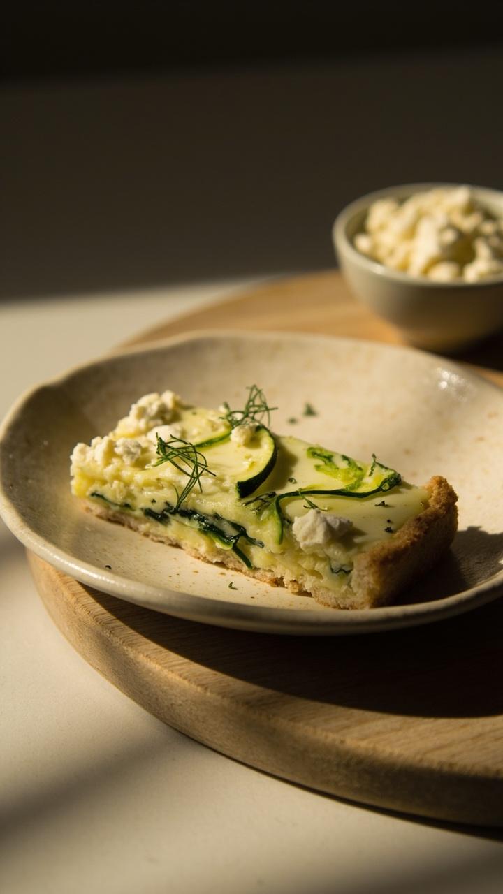 A slice on a light wooden plate showing thin ribbons of zucchini and crumbled white feta peeking through a pale custard flecks of green dill on top and a small bowl of extra crumbled feta beside the slice