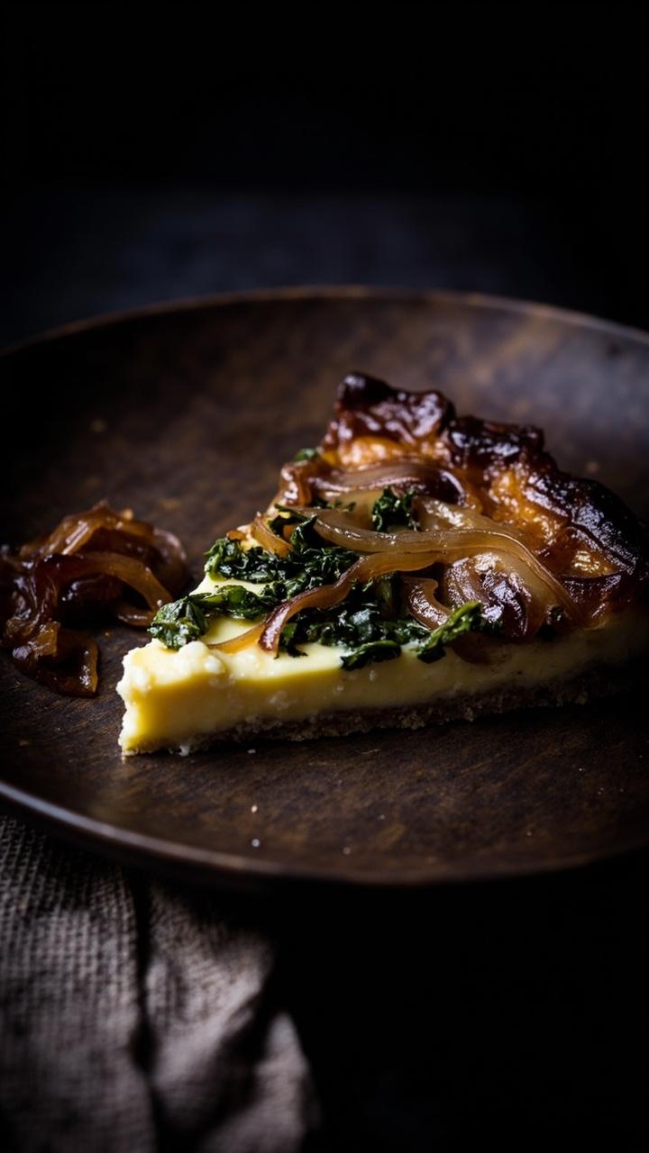 A slice on a dark wooden plate with thin ribbons of caramelized brown onions and chopped deep green kale visible in a rich custard and a small mound of caramelized onions beside the slice a linen napkin peeks into the frame