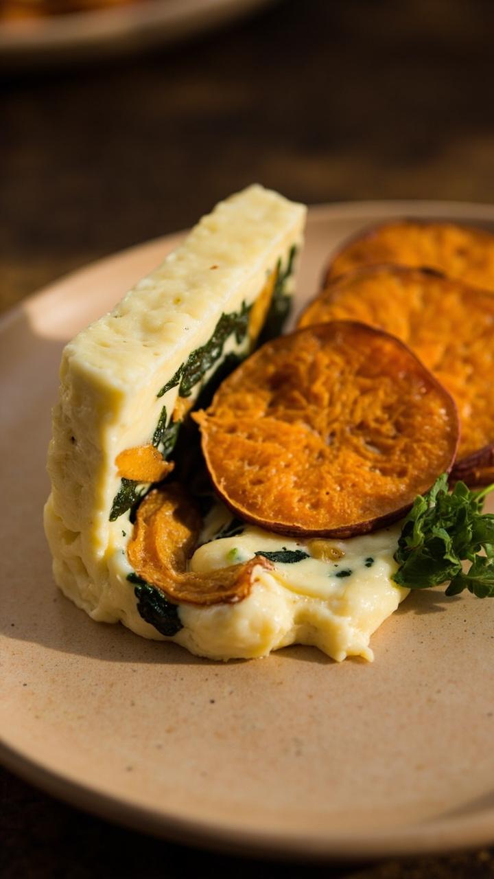 A thick wedge on a beige plate with thin slices of roasted orange sweet potato layered with bits of deep green chard in the custard a few roasted sweet potato slices leaning against the slice and a sprig of chard next to the plate