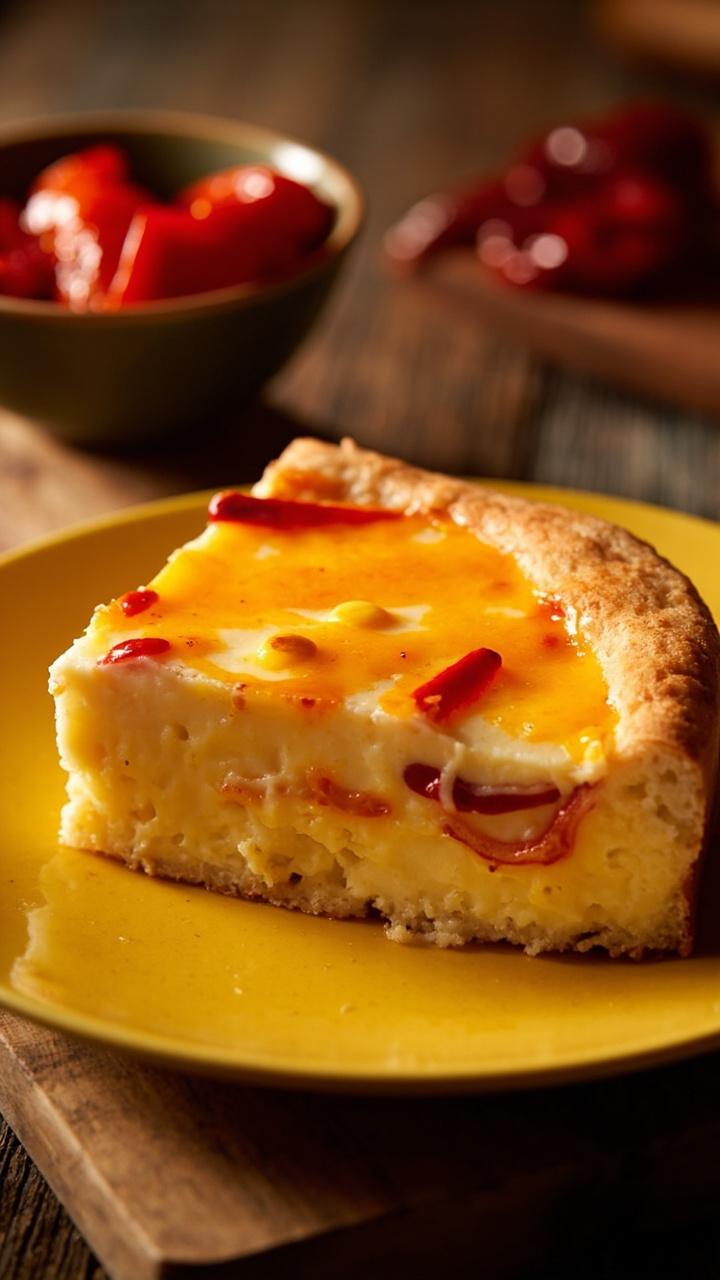 A slice on a yellow plate with bright red pepper strips and yellow corn kernels visible in the custard melted orange cheddar top a small bowl of roasted red peppers sits in the background and a wooden board anchors the scene